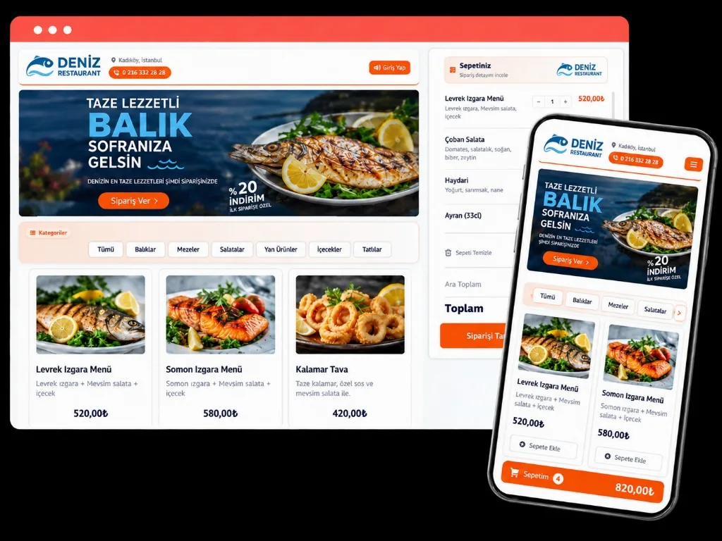 Markeneigene Bestellseite eines Fischrestaurants — Telefon und Desktop