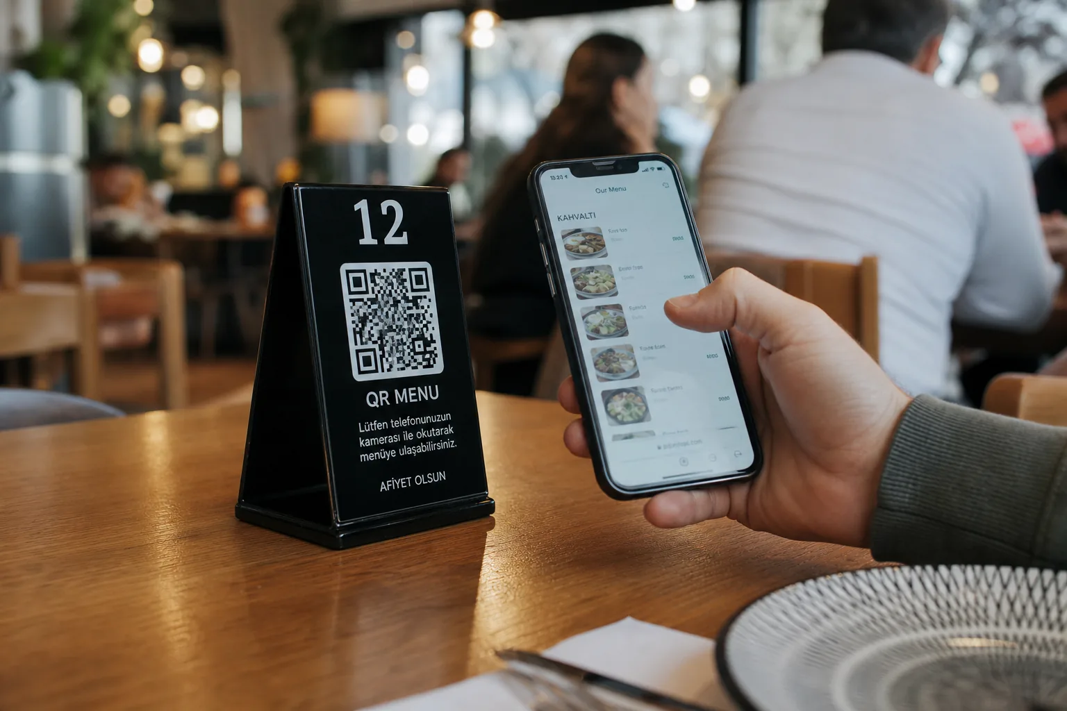 Gast scannt den Tisch-QR und sieht die Speisekarte auf dem Handy