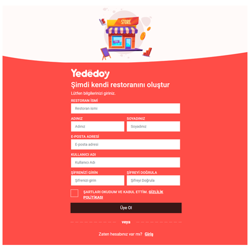 Partner Yededoy Online Yemek Sipariş Sistemi Kaydı