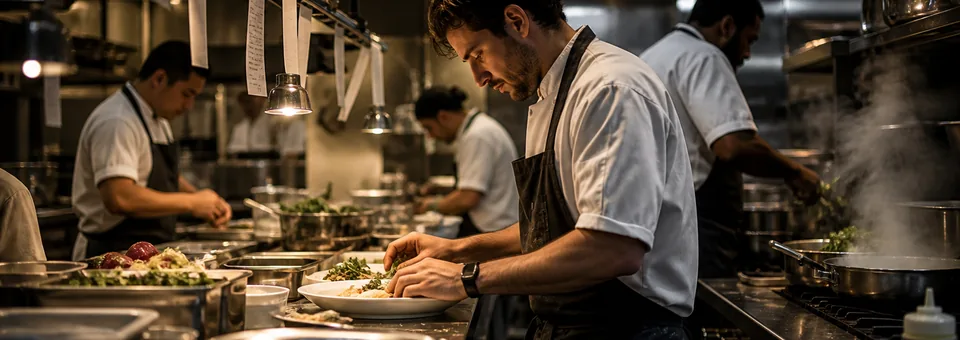Vielbeschäftigte Restaurantküche mit paralleler Bestellzubereitung
