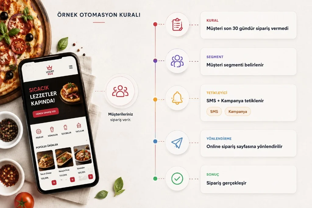 Beispiel-Automationsregel: Kundenbestellung, 30 Tage Stille, Segment, SMS und Kampagne, Online-Bestellung, Ergebnis