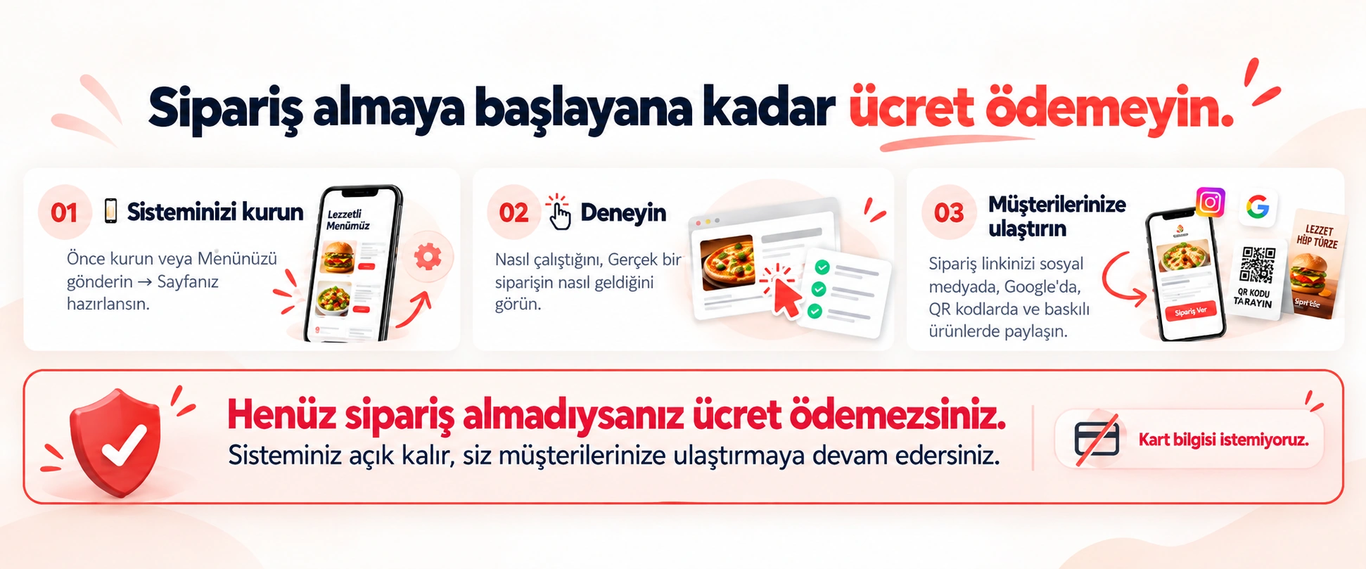 Sipariş almaya başlayana kadar ücret ödemeyin: kurun, deneyin, müşterilerinize ulaştırın. Kart bilgisi istemiyoruz.