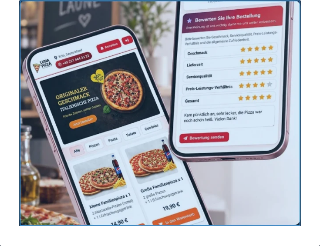 Markierte deutsche Mobile-Bestell- und Bewertungsansichten von LUNA PIZZA
