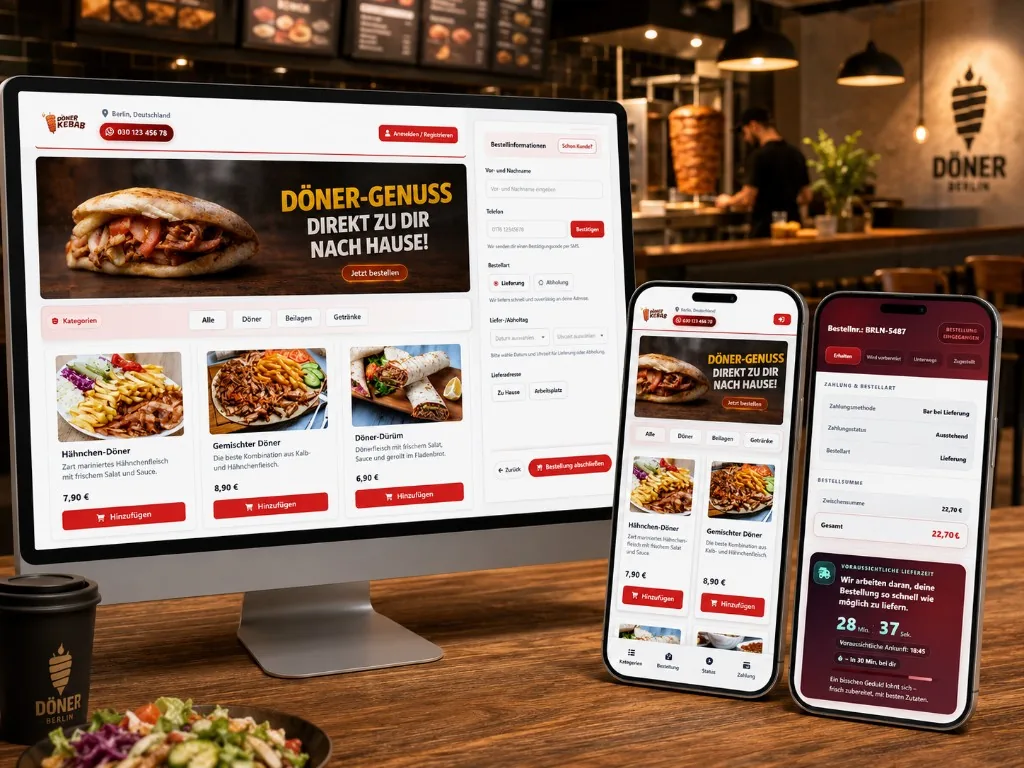 Markierte deutsche Online-Bestellung für Döner Berlin: Desktop-Menü, mobile Bestellung und Live-Lieferstatus