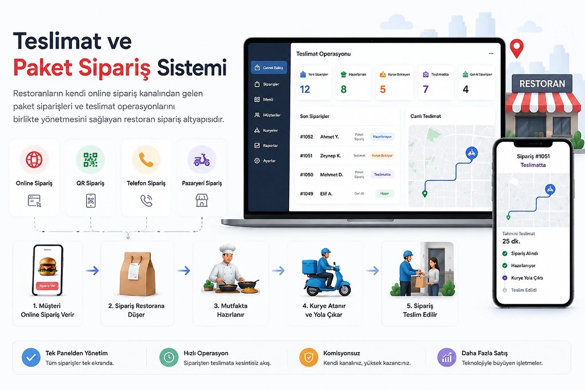 Liefer- und Paketbestellsystem: Ein-Panel-Ablauf von Online-Bestellung über Küche und Kurier bis zur Zustellung